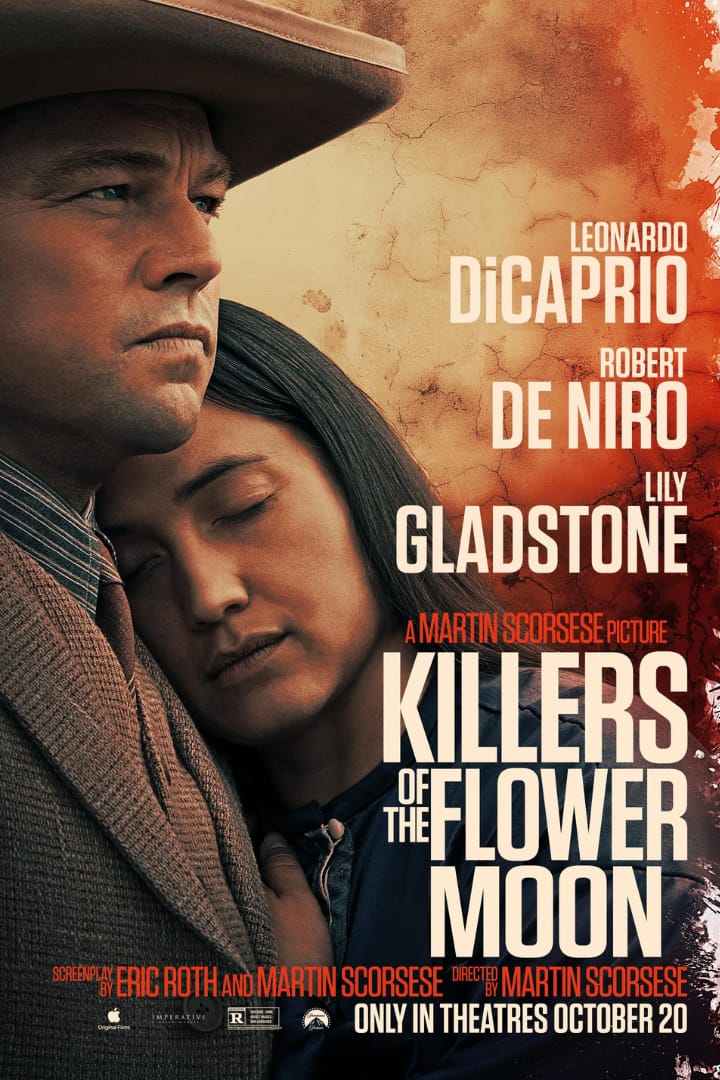 Killers of the Flower Moon 2023 film poster featuring Leonardo DiCaprio and Lily Gladstone against a burning Oklahoma sky, symbolizing Osage Nation tragedy and FBI investigation