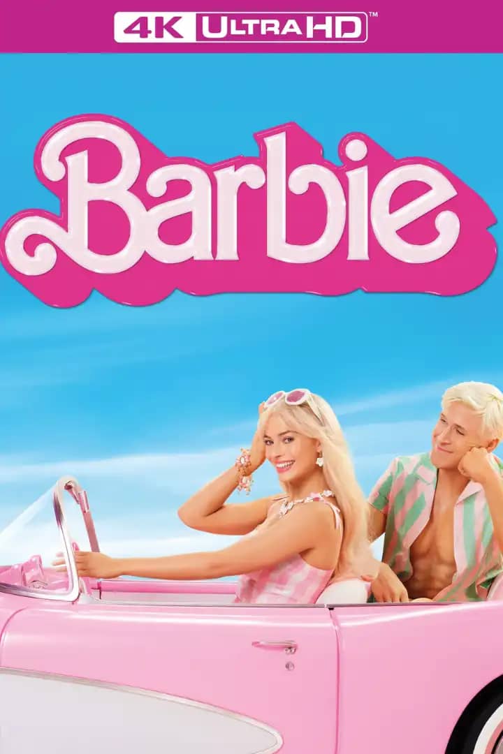 Barbie 2023 movie poster featuring Margot Robbie in a pink convertible with vibrant pastel background and retro Barbie logo by Warner Bros and Mattel