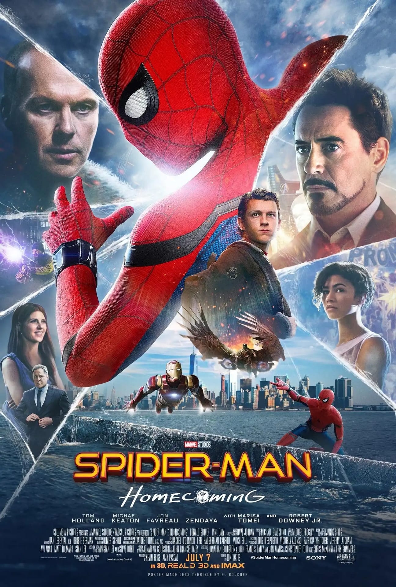 Spider-Man clinging to a high-rise building with Avengers Tower in the background from Homecoming film