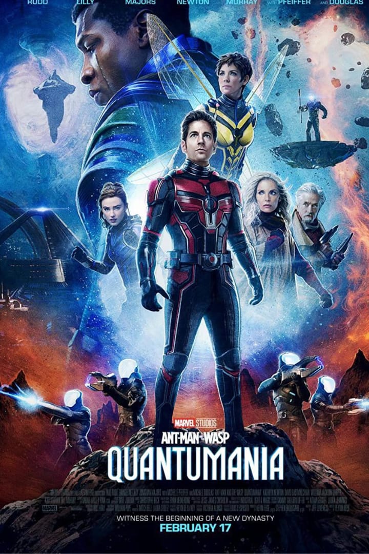 Ant-Man and the Wasp: Quantumania movie poster featuring Paul Rudd as Ant-Man and Evangeline Lilly as the Wasp with Kang the Conqueror looming over a glowing quantum realm backdrop