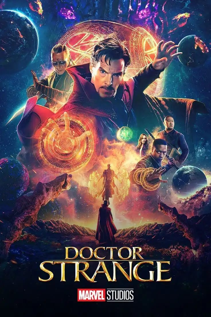 Doctor Strange in the Multiverse of Madness poster showing shattered dimensions and Scarlet Witch in the background
