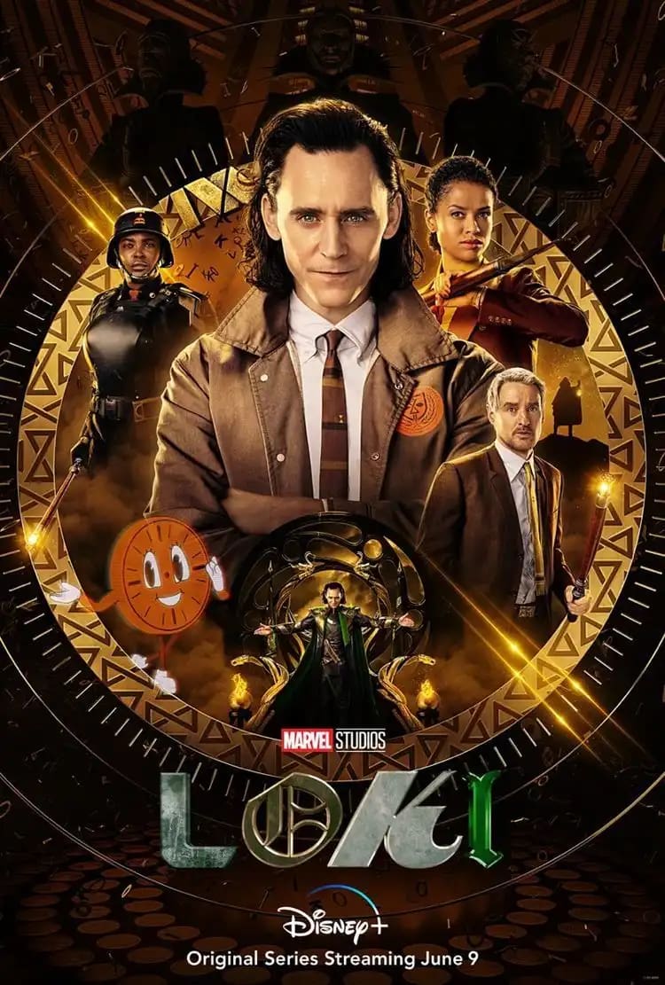 Loki Marvel series poster featuring Tom Hiddleston as the God of Mischief standing in front of the Time Variance Authority clock with glowing golden timeline rings