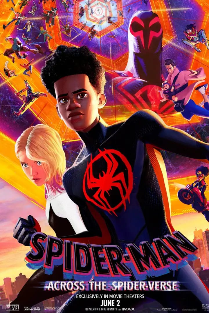 Spider-Man variants including Gwen Stacy and Miguel O’Hara in a futuristic multiverse setting from Across the Spider-Verse